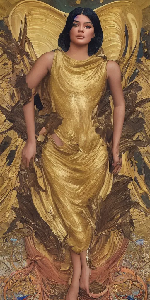 Image similar to Kylie Jenner as a golden statue, highly detailed, digital painting, artstation, concept art, smooth, sharp focus, illustration, ArtStation, art by artgerm and greg rutkowski and alphonse mucha and J. C. Leyendecker and Edmund Blair Leighton and Katsuhiro Otomo and Geof Darrow and Phil hale and Ashley wood and Ilya repin and Charlie Bowater