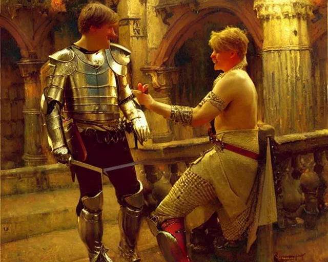 Image similar to arthur pendragon flirting wit his knight. the knight is also flirting back, highly detailed painting by gaston bussiere, craig mullins, j. c. leyendecker