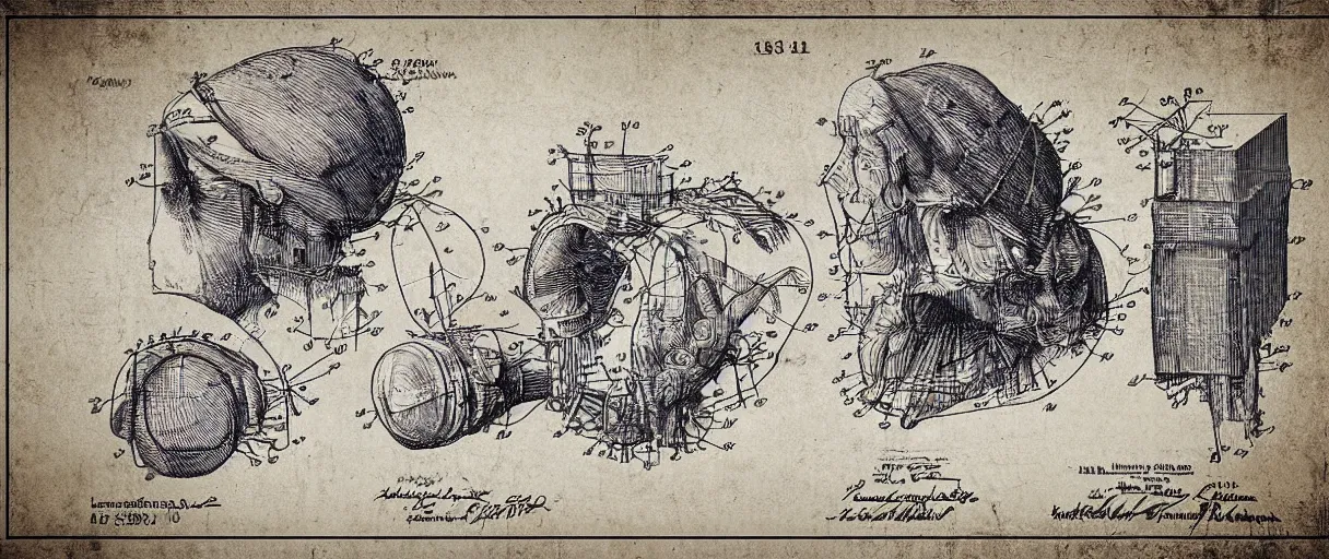 Prompt: an amazingly detailed leonardo davinci human-powered creativity-amplifier that is worn on the head. in the style of a patent diagram. rendered precisely.