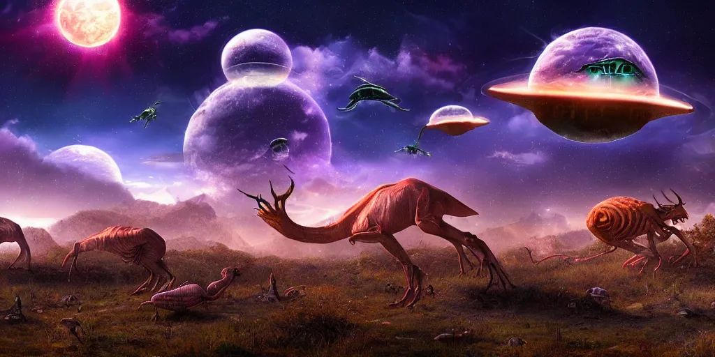 Prompt: landscape image with various alien animals floating through the sky, extremely detailed digital matte painting, clear skies, night, vibrant, stunning lighting