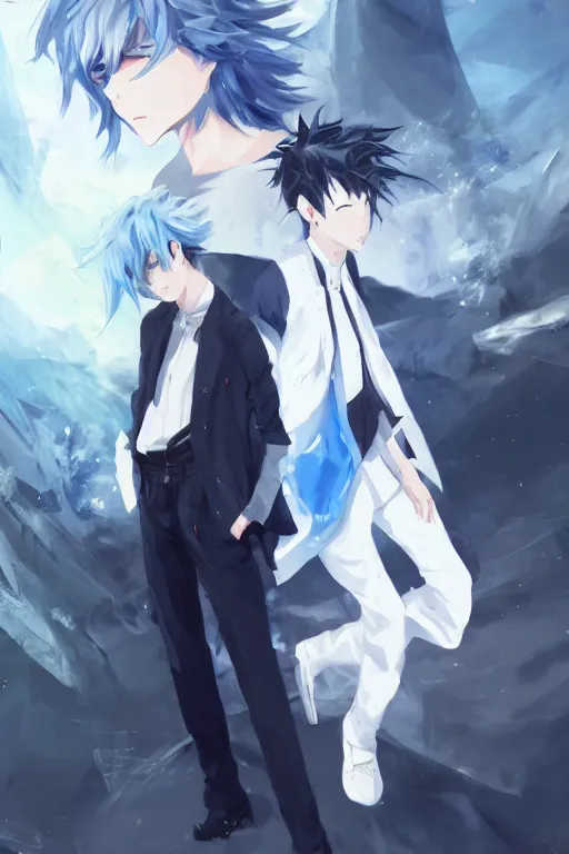 Image similar to anime boy with messy blue hair wearing black long jacket beside another shorter boy with wavy white hair in white formal clothes, wlop, concept art, digital painting, trending on artstation, highly detailed, epic composition, 8 k uhd