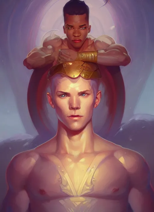 Image similar to portrait of finn from adventure time, d & d, muscular, fantasy, intricate, elegant, highly detailed, digital painting, artstation, concept art, smooth, sharp focus, illustration, art by artgerm and greg rutkowski and alphonse mucha