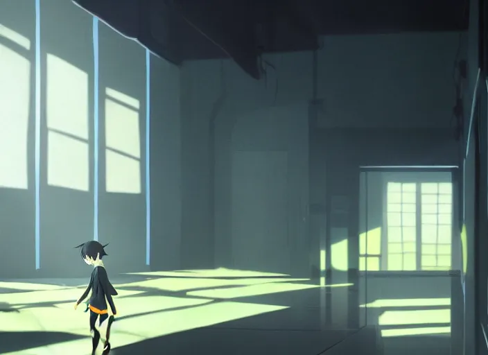 Image similar to a tall matte black creature running after a man the backrooms, yellow wallpaper, florecent lights on the ceiling, wet carpet, liminal space, by makoto shinkai an krenz cushart