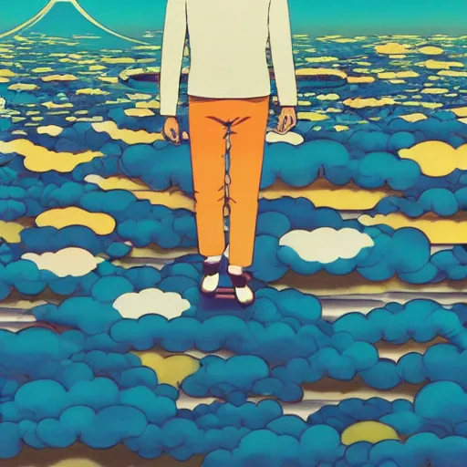 Image similar to a man walking on clouds away from the camera above kyoto by takashi murakami, beeple and james jean, aya takano color style, 4 k, super detailed, modern, 4 k, symmetrical