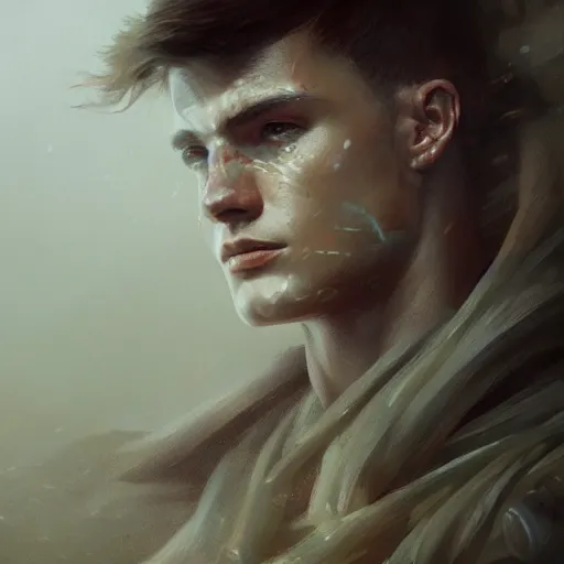 Prompt: a dramatic epic ethereal portrait of a futuristic soldier, young male, detailed face, cinematic lighting, highly detailed oil on canvas painting by Greg Rutkowski, winning-award digital art trending on Artstation H 1024 W 832