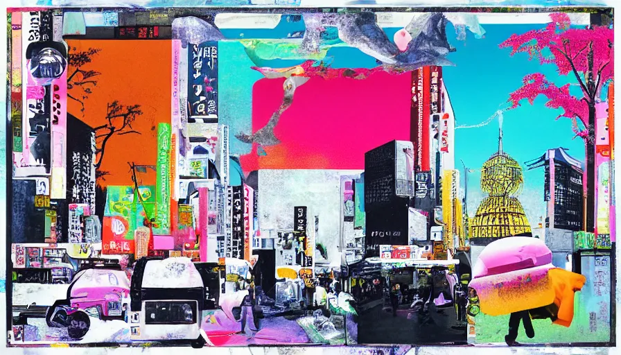 Image similar to Japan travel and adventure, minimalist negative space white acrylic base coat, mixed media collage acrylic airbrush painting by Jules Julien, Leslie David and Lisa Frank, muted colors with minimalism, neon color mixed collage cutout details