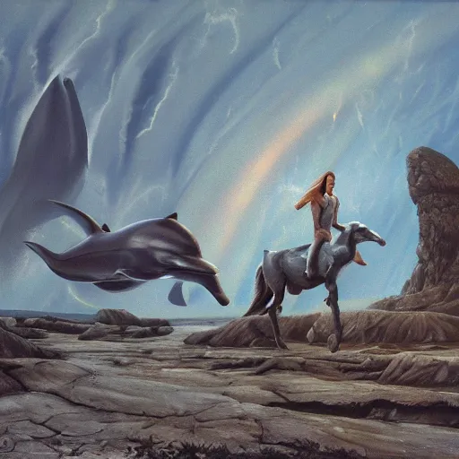 Image similar to horse grayhound dolphin, foreground, carnivorous, sleek ::0.1 blasted wasteland of brutalist ruins ::0.1 bleak spiral aurora overhead ::0.2 naturalist painting of the last of its kind, by Beszinski, Barlowe, Audobon, and Ansel Adams