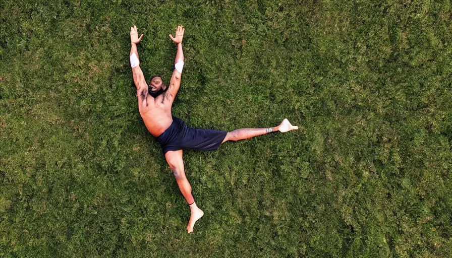 Image similar to lebron james doing yoga in the forest, cnn news footage taken from above.