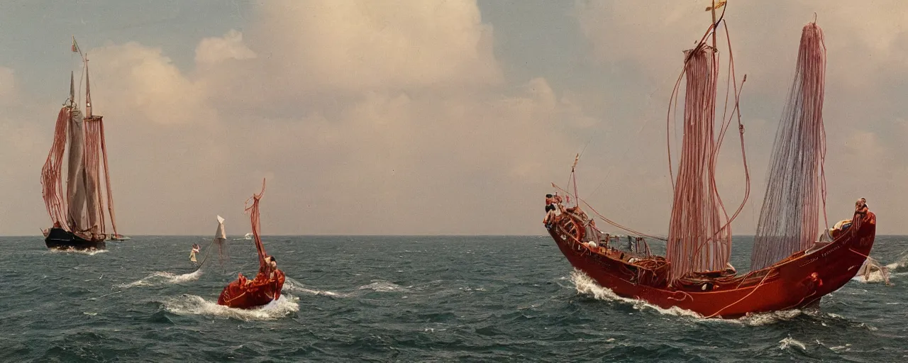 Image similar to dutch east india company trading spaghetti, sailboat, open ocean, canon 5 0 mm, kodachrome, in the style of galen rowell, retro