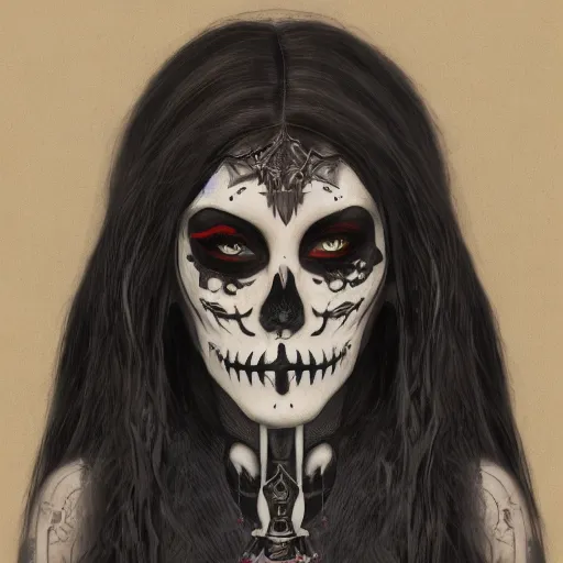 Image similar to A portrait of the character, Death, a young Goth girl with an elaborate facial tattoo