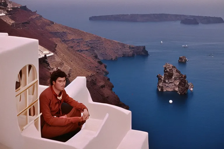 Prompt: spherical island Santorini in space by Wes Anderson in , film, shot on 35 mm