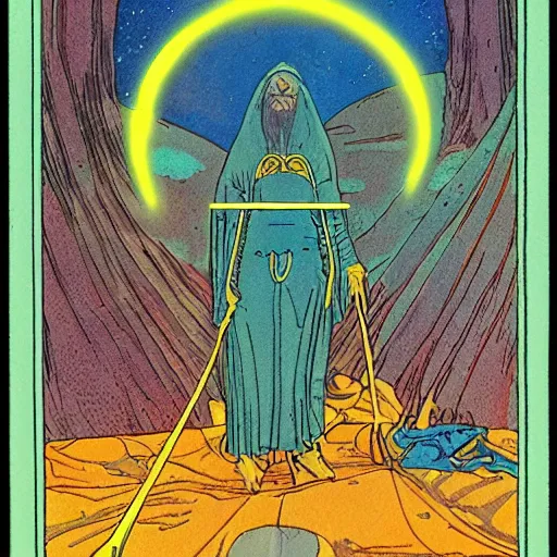 Image similar to the tarot card of the magician painted by moebius.