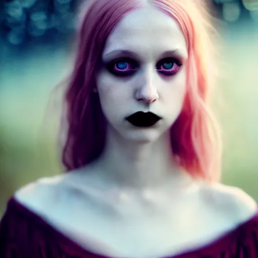 Image similar to photographic portrait of a stunningly beautiful english emo gothic female in soft dreamy light at sunset, soft focus, contemporary fashion shoot, in a tim burton movie, by edward robert hughes, annie leibovitz and steve mccurry, david lazar, jimmy nelsson, extremely detailed, breathtaking, hyperrealistic, perfect face, octane render