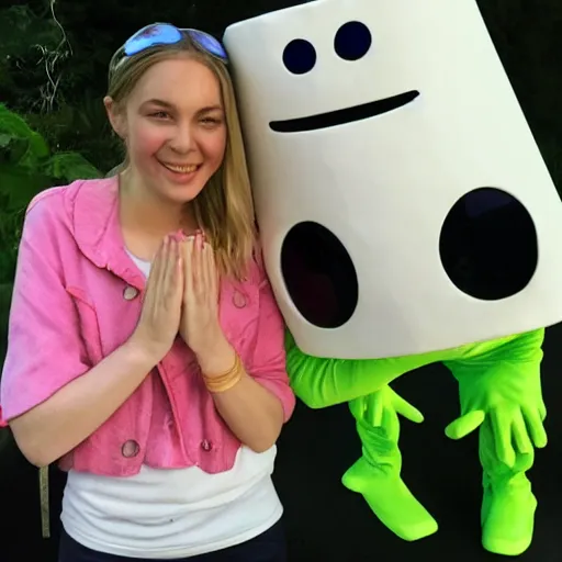 Image similar to marshmello prays to crazy frog with hands clasped