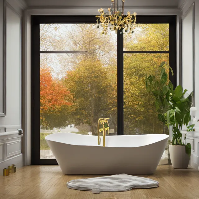 Image similar to marble bathroom interior, bathtub with golden faucet, wood cabinets, marble floor, large window in back with vermont fall foliage river view, large potted plant, realistic, unreal engine render, octane render, hyper realistic, photo, 8 k