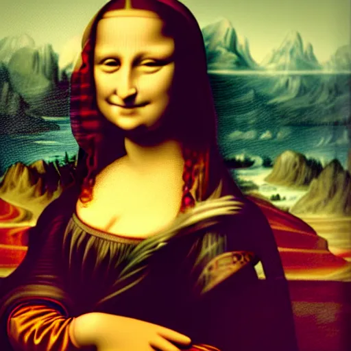 Image similar to Stunning studio photograph of Mona Lisa in a red dress smiling slightly for the camera, XF IQ4, f/1.4, ISO 200, 1/160s, 8K, RAW, unedited, symmetrical balance, in-frame, sharpened