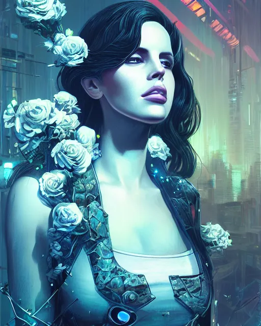 Image similar to portrait of lana del rey as a cyberpunk cyborg. roses, sci - fi, intricate abstract, upper body, intricate artwork, by tooth wu, wlop, beeple, dan mumford. concept art, 8 k octane render, deviantart, greg rutkowski, cinematic, key art, hyperrealism, iridescent accents