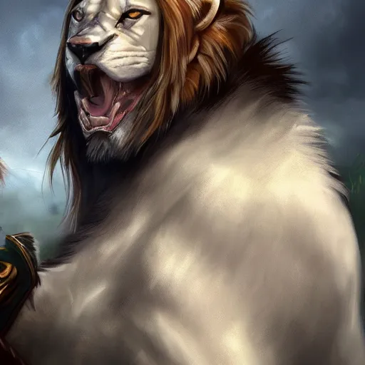 Prompt: an image of Godfrey the first Elden Lord posing with a white lion after the battle, photorealistic, trending on Artstation, digital art