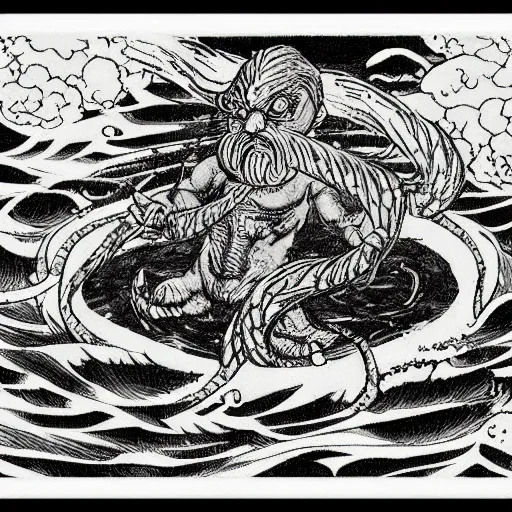 Image similar to luminus angelic chilled rapids diamond pollock beads and yarn broth demon , by Katsushika Hokusai and Ernst Max and Ted Nasmith , Marvel Comics , pencil sketch , Tilt shift