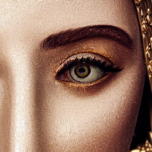 Prompt: close up of face of female fashion model, baroque style, beige colors, official vogue editorial, highly detailed