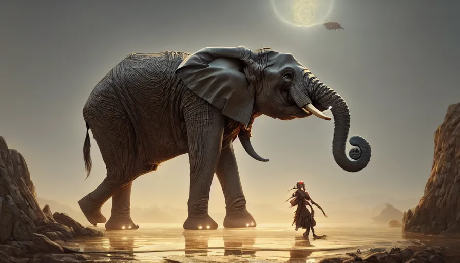 Prompt: a hybrid robot elephant on socotra island, artgerm and greg rutkowski and alphonse mucha, an epic fantasy, volumetric light, detailed, trending on art station, octane render, midsommar