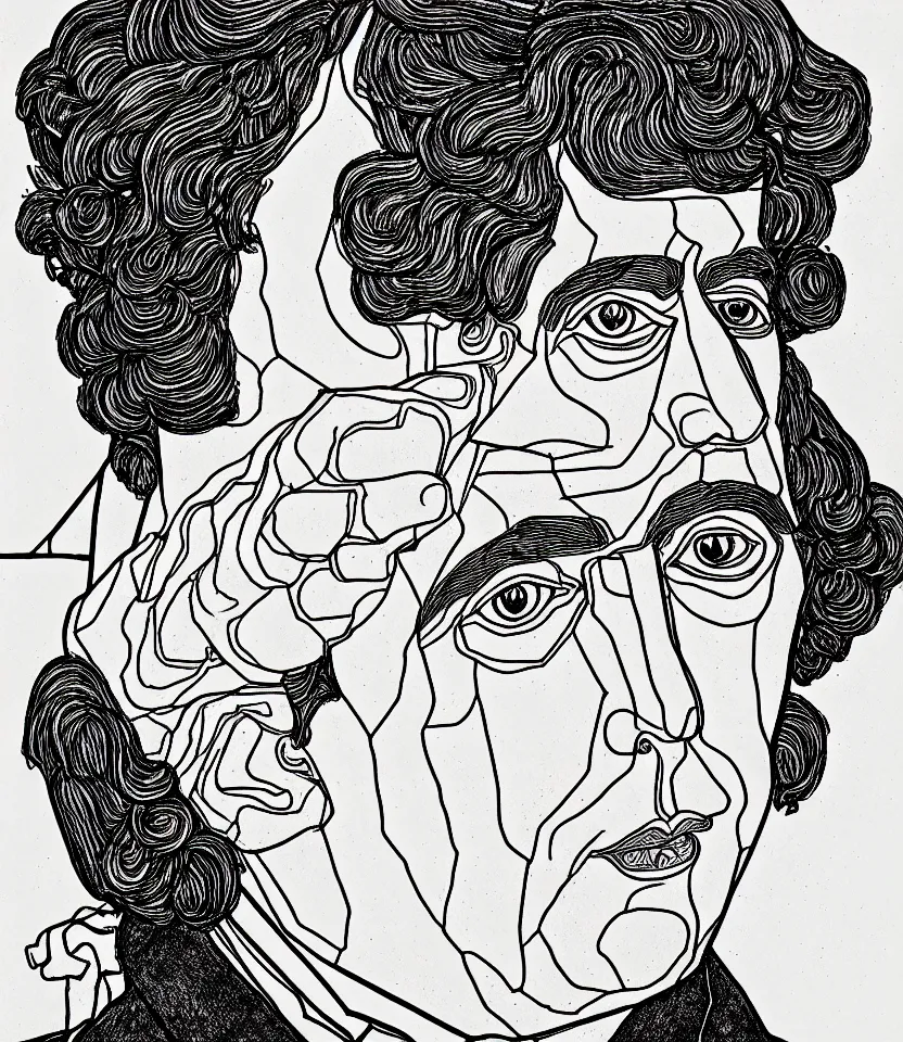 Image similar to detailed line art portrait of oscar wilde, inspired by egon schiele. caricatural, minimalist, bold contour lines, musicality, soft twirls curls and curves, confident personality, raw emotion