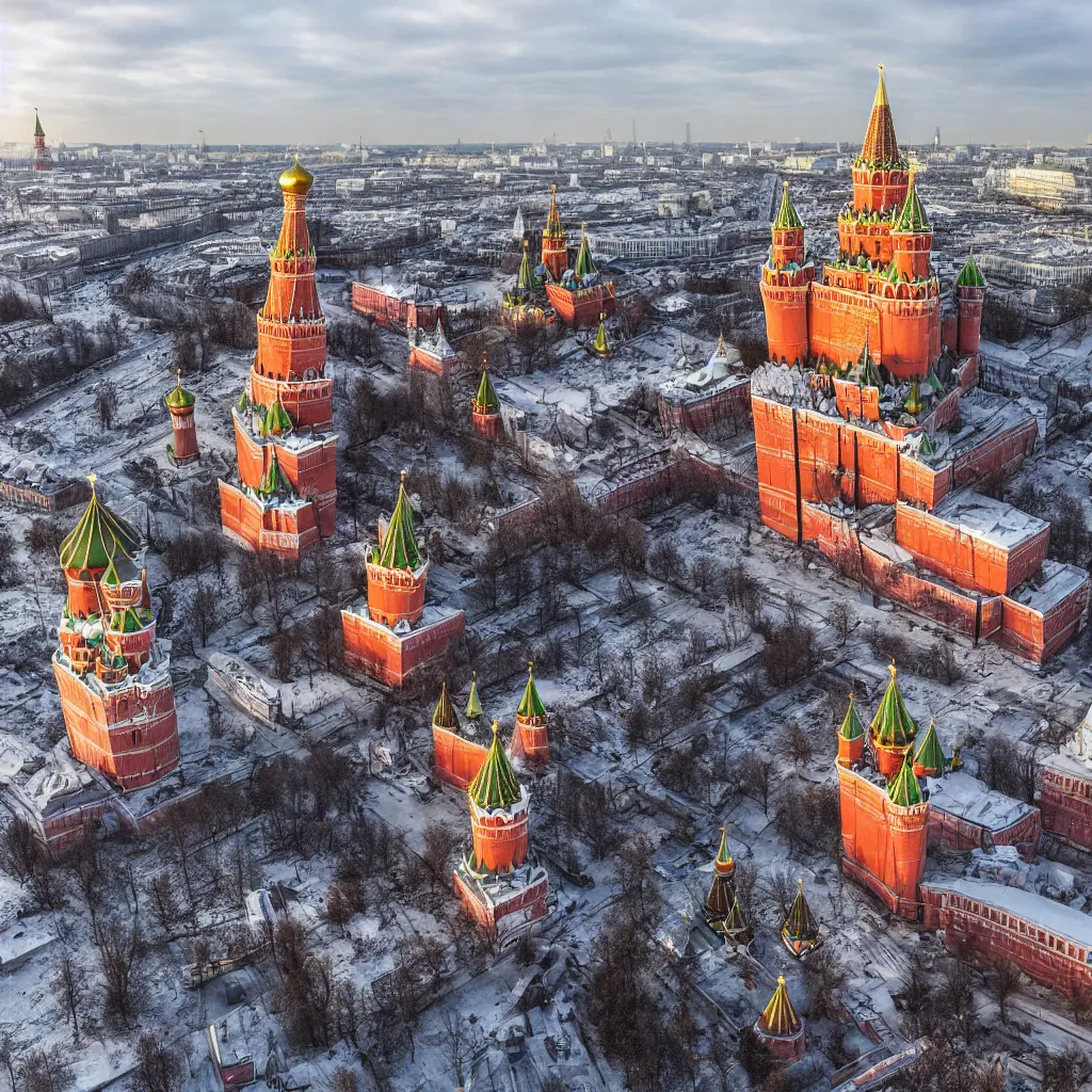 Image similar to collapse of kremlin moscow, destruction, chaos, 4 k, realistic, professional photography