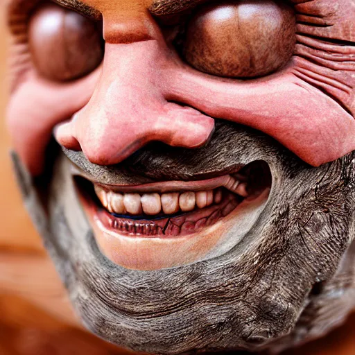 Prompt: a photo from a balded man with teeth made of wood, wood teeth, close up, photorealistic