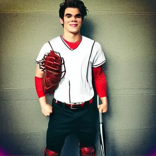 Image similar to “a realistic photo of a guy who is an attractive baseball player man who is part cyborg and part humanoid, who is a robot, KJ Apa”