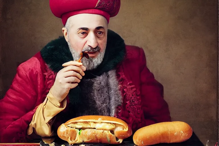 Image similar to Ottoman Sultan Mehmet IV eating a delicious hot dog, wearing big ovular turban and a luxurious Ottoman coat, mid-shot, cold lighting, photography from Vogue Magazine, neat, precise, realistic, detailed facial features, expressive, photorealistic, hyperrealism, micro details, HDR Shot, in the style of Martin Schoeller