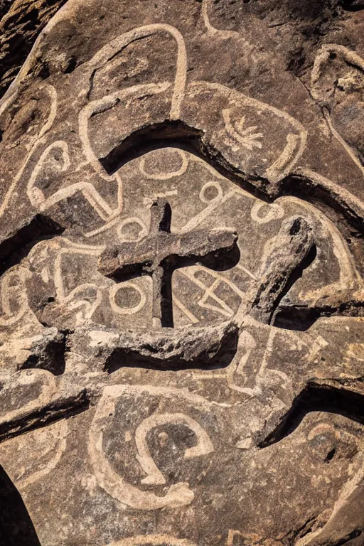 Image similar to 4 k photography of petroglyphs representing crosses, ufo, yin yang symbol on a cave