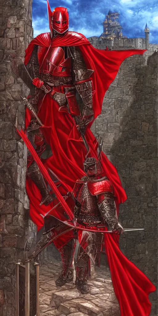 Image similar to The Red Knight stands guard over the castle's gate, fantasy, artstation, highly detailed, 4k, digital painting, portrait by Larry Elmore