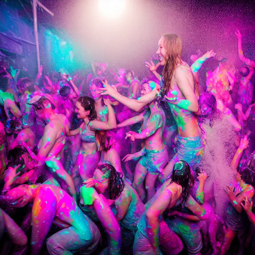 Image similar to epic professional digital portrait of 🦄🎉 dance foam party, happy, cheerful, fun,, detailed, hdr, 4 k, leesha hannigan, wayne haag, reyna rochin, ignacio fernandez rios, mark ryden, iris van herpen, best on wlop, pixiv, stunning, gorgeous, much wow, cinematic, masterpiece