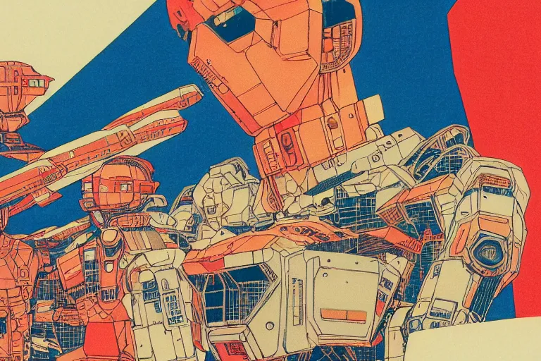 Image similar to risograph grainy drawing vintage sci - fi, satoshi kon color palette, gigantic gundam, 1 9 8 0, kodachrome, natural colors, comicbook spreadsheet, codex seraphinianus painting by moebius and satoshi kon and dirk dzimirsky close - up portrait