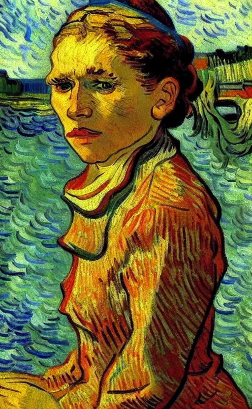 Image similar to detailed expressionist!! oil painting masterpiece portrait of a washerwoman in the river!! by van gogh, 8 k resolution, smooth, sharp focus, matte painting, beautiful masterpiece expressionist painting