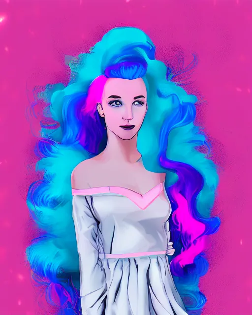 Prompt: a digital art of a dramatic lighting beautiful young woman with cotton candy hair. with a little bit of cyan and pink