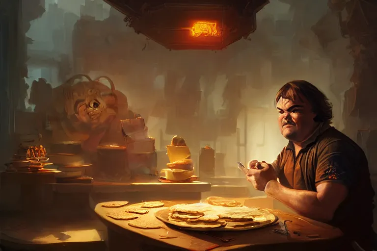 Image similar to jack black inside flapjacks, hyper detailed, digital art, artstation, cinematic lighting, studio quality, smooth render, by caravaggio, artgerm, greg rutkowski, craig mullins