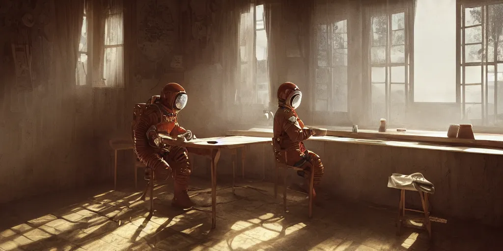 Image similar to a cosmonaut in a spacesuit drinks a steaming cup of tea alone at an old wooden desk in a richly decorated keral house. the autumn light comes in through a window and dimly illuminates the room, diffuse light, octane render, 4k, matte painting