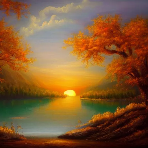 Prompt: High quality fantasylike painting of sun setting over the lake in autumn surrounded by nature