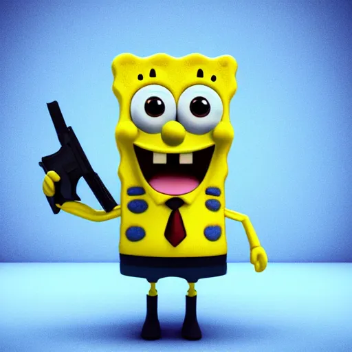 Prompt: cute spongebob in a suit while holding a gun, cartoon, digital art, 3 d rendered in octane, pixar character, blender, maya, shadows, lighting depth of view