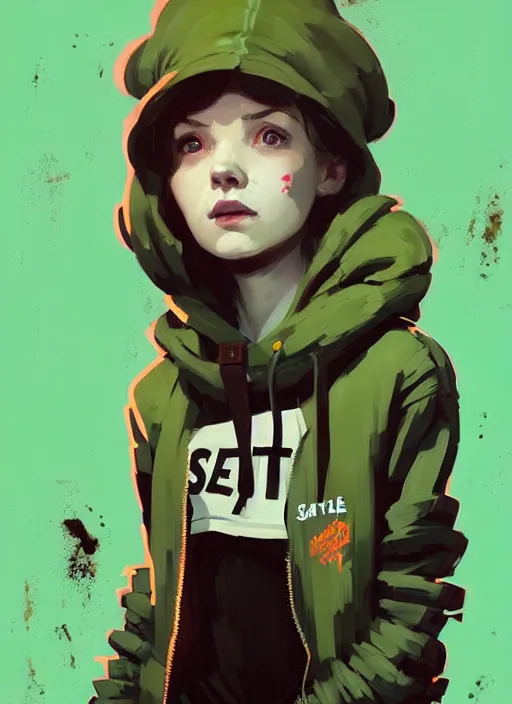 Prompt: highly detailed portrait of a sewer seattle young lady, tartan hoody, by atey ghailan, by greg rutkowski, by greg tocchini, by james gilleard, by joe fenton, by kaethe butcher, gradient green, brown, blonde crea, orange, brown and white color scheme, grunge aesthetic!!! ( ( graffiti tag wall background ) )