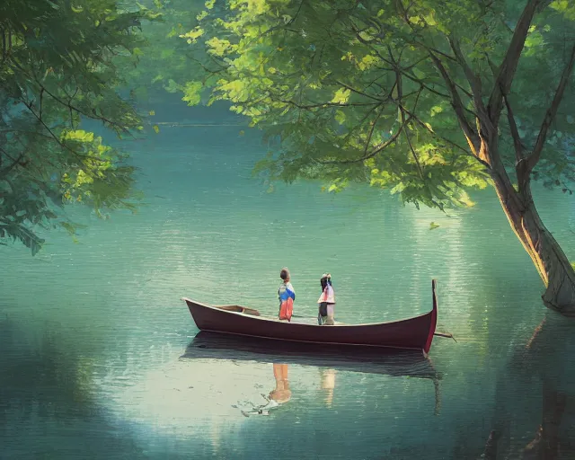 Prompt: one single short small wooden boat in a very narrow river, trees, shady, ripples, reflections. A boy and a girl are standing in the boat. Romantic. Sakura trees and green trees. By Makoto Shinkai, Stanley Artgerm Lau, WLOP, Rossdraws, James Jean, Andrei Riabovitchev, Marc Simonetti, krenz cushart, Sakimichan, trending on ArtStation, digital art.