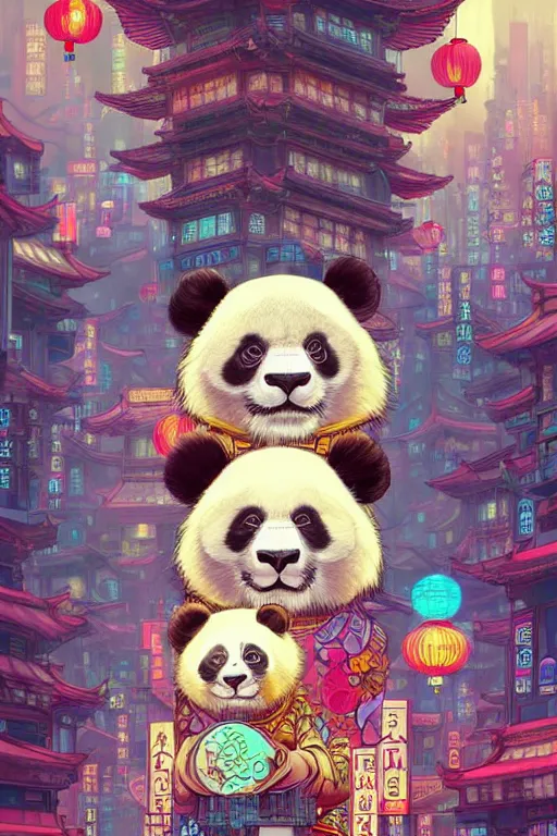 Image similar to a beautiful hyperdetailed character design of a cute panda with a chinese lion dance head victo ngai cyberpunk style of absolutely beautiful cyberpunk town, from china, style of studio ghibli, makoto shinkai, raphael lacoste, louis comfort tiffany, artgerm, james jean, ross tran, chinese style