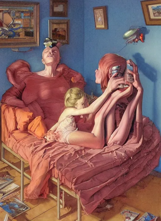 Prompt: realistic detailed image of a mother reading a bed time story to her child in the style of Francis Bacon, Surreal, Norman Rockwell and James Jean, Greg Hildebrandt, and Mark Brooks, triadic color scheme, By Greg Rutkowski, in the style of Francis Bacon and Syd Mead and Edward Hopper and Norman Rockwell and Beksinski, open ceiling, highly detailed, painted by Francis Bacon, painted by James Gilleard, surrealism, airbrush, Ilya Kuvshinov, WLOP, Stanley Artgerm, very coherent, art by Takato Yamamoto and James Jean