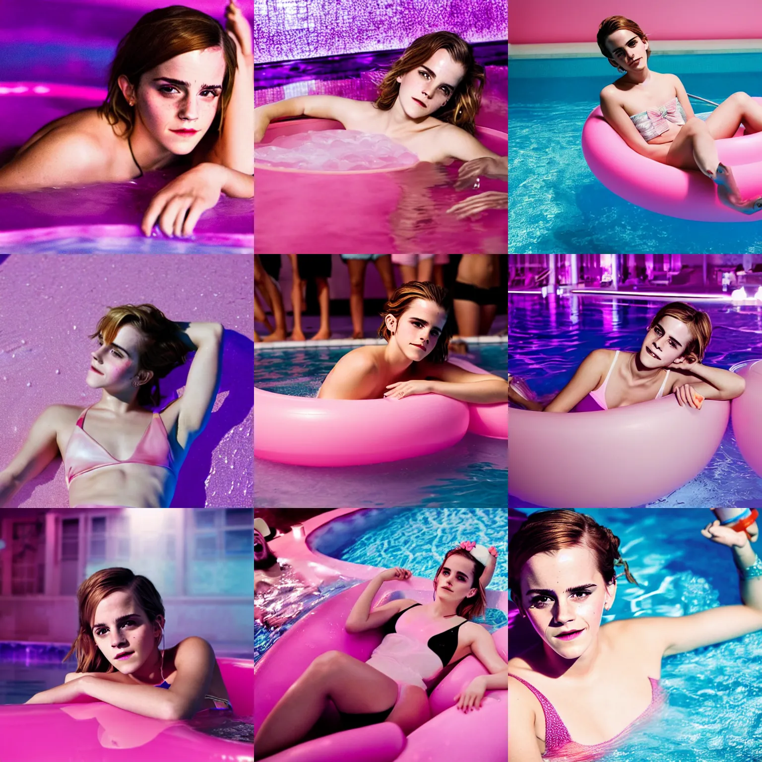 Prompt: a photo of a drunk emma watson, with a drink, laying in a big cute pastel pink float, having fun being the center of attention, in a crowded pool party in a modern indoors pool at night. visually stimulating photo. coherent. 8 k. sensual. red and purple lights.