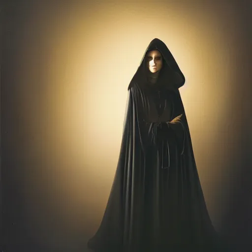 Image similar to a portrait of a young woman wearing a long dark cloak, hood and shadows covering face, holding golden chains, oil painting, matte painting, black background, Volumetric Golden dappled dynamic lighting, Highly Detailed, Cinematic Lighting, Unreal Engine, 8k, HD, by Beksinski