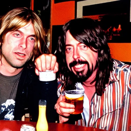 Prompt: Photo of Kurt Cobain and Dave Grohl drinking pints in a bar