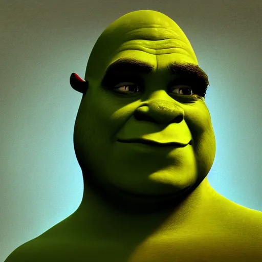 Image similar to photorealistic shrek in the style of michael whelan and gustave dore. hyperdetailed photorealism, 1 0 8 megapixels, fully clothed, lunar themed attire, amazing depth, glowing rich colors, powerful imagery, psychedelic overtones, 3 d finalrender, 3 d shading, cinematic lighting, face portrait, artstation concept art