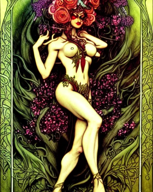 Image similar to burlesque elf, flowers in hair, fantasy character portrait, ultra realistic, concept art, intricate details, art nouveau, cinematic, highly detailed by boris vallejo, chris achilleos, arthur rackham