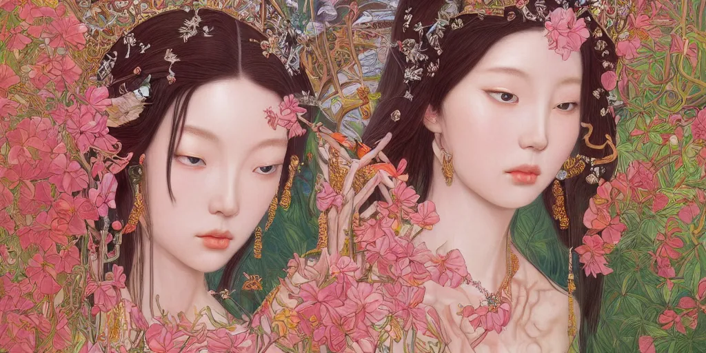 Prompt: breathtaking detailed concept art painting of the goddess of flamingo, orthodox saint, with anxious, piercing eyes, ornate background, amalgamation of leaves and flowers, by Hsiao-Ron Cheng and John James Audubon and Miho Hirano, extremely moody lighting, 8K